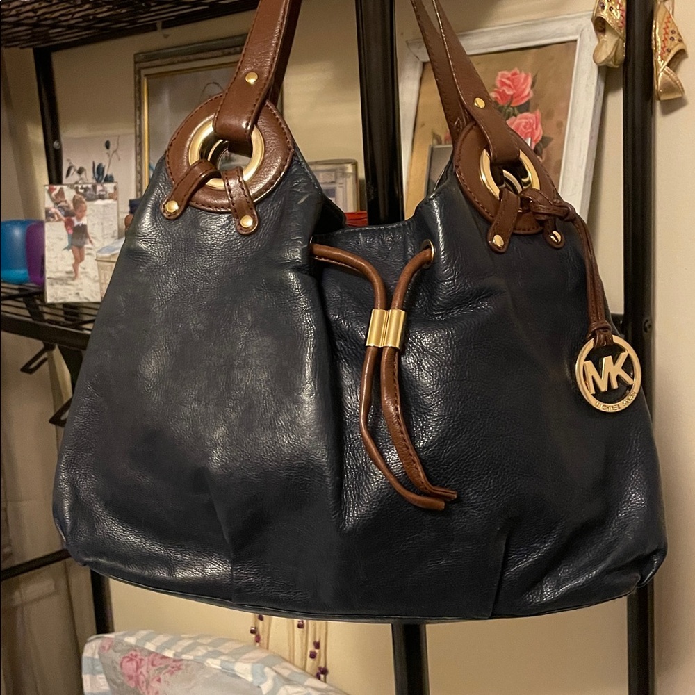 Michael by Michael Kors Dark Blue and Brown Leather Shoulder Bag